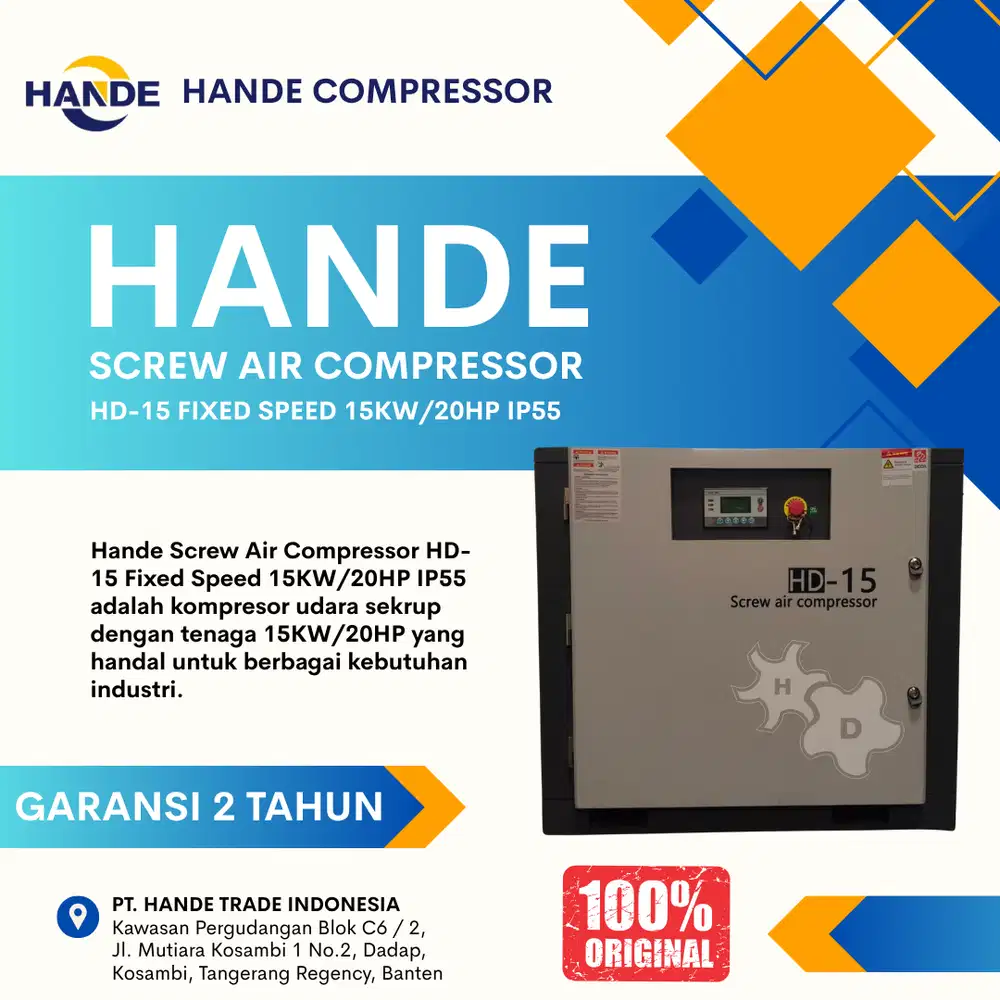 Hande Screw Air Compressor 20HP (HD-15) – Fixed Speed, Garansi Resmi