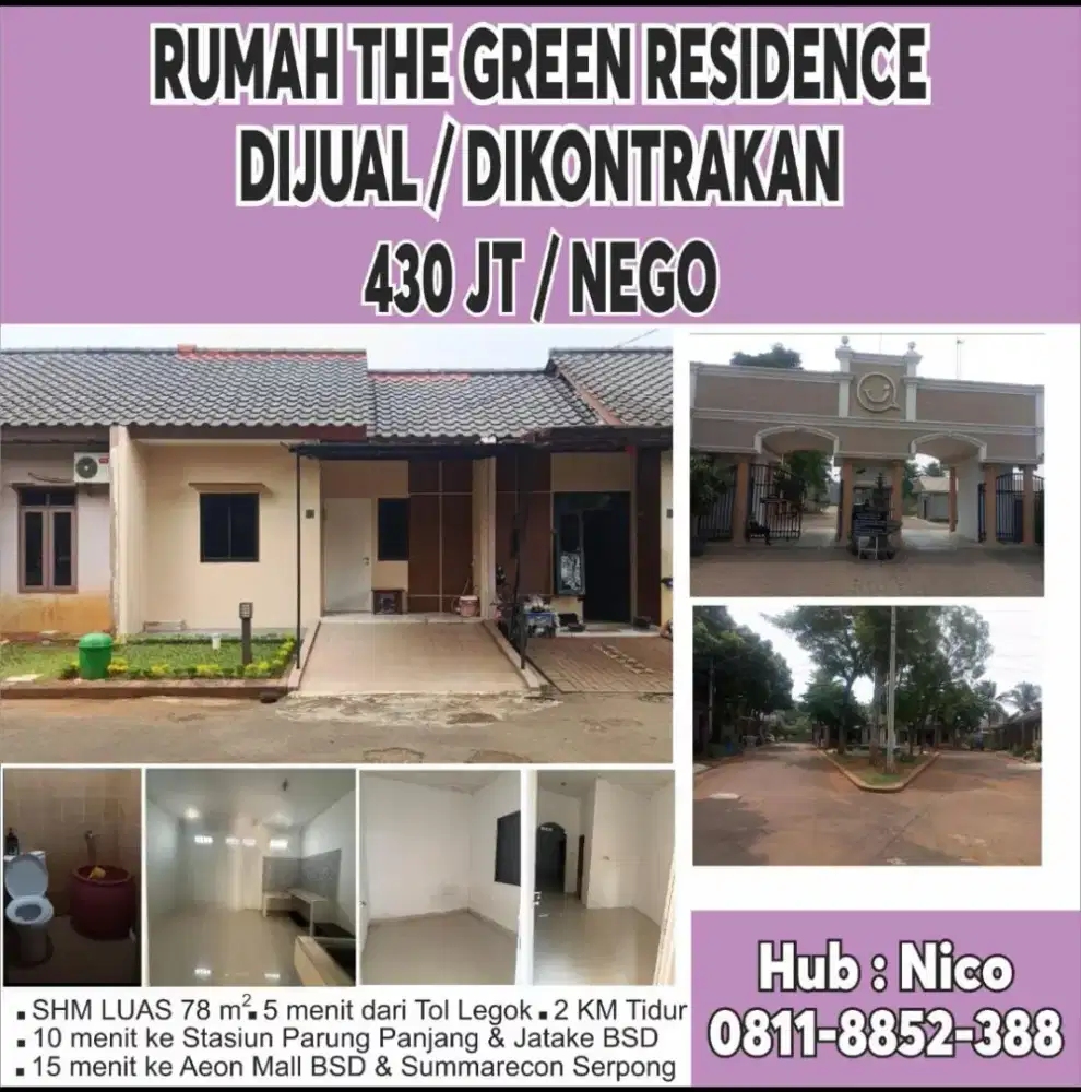 Dijual / Disewakan diperumahan The Green Residence / Green Apple Legok
