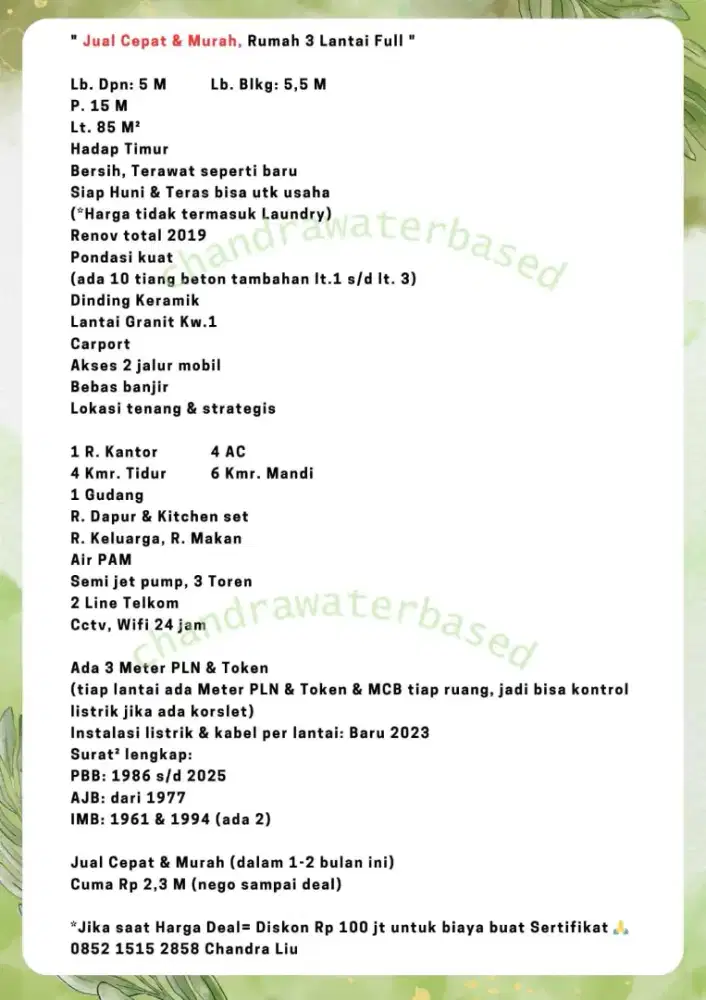 Jual Cepat & Murah, Rumah 3 Lantai Full