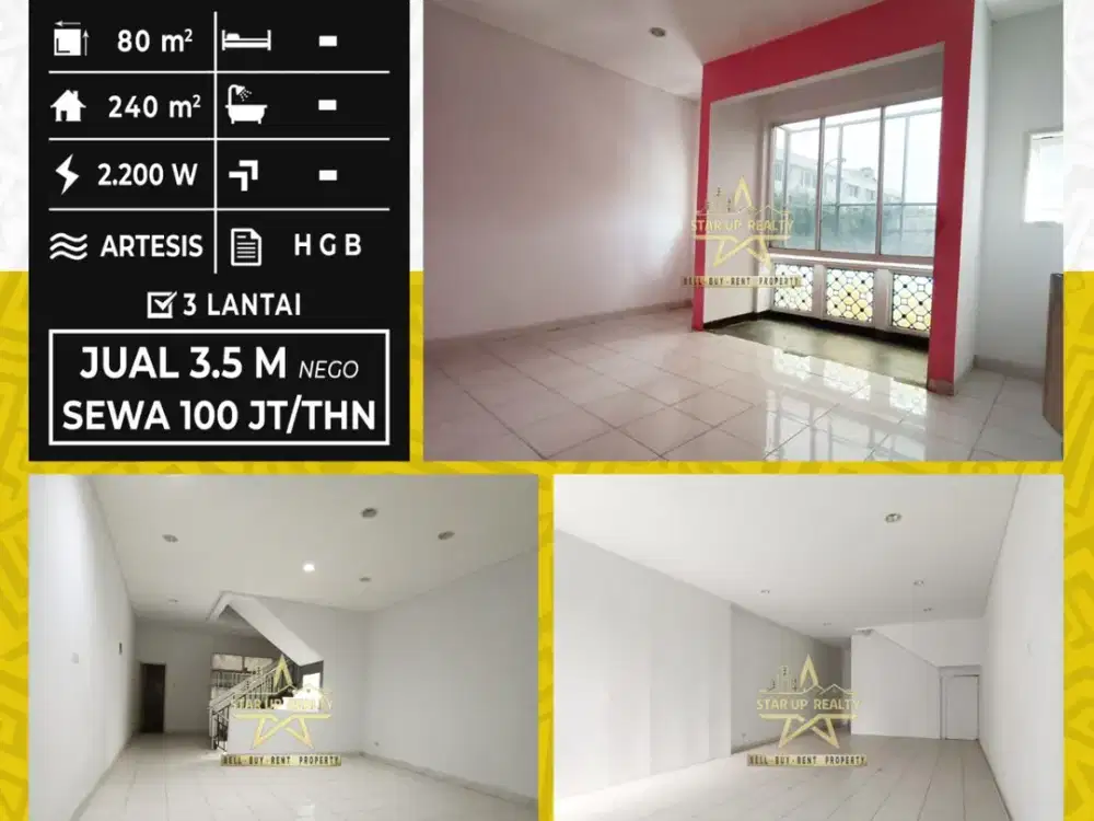 100jt Disewakan Ruko 3 lantai Singgasana Pradana depan sekolah BPK Singgasana Pradana lt 80 lb 240