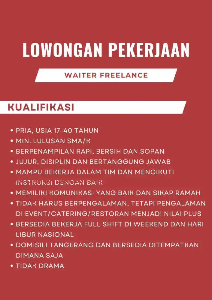 Lowongan Kerja Freelance Waiter