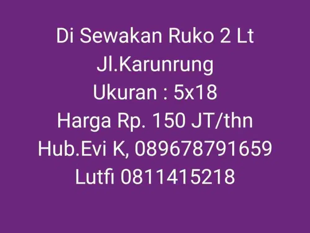 Disewakan Ruko 2 lt di Jl. Karunrung Makassar