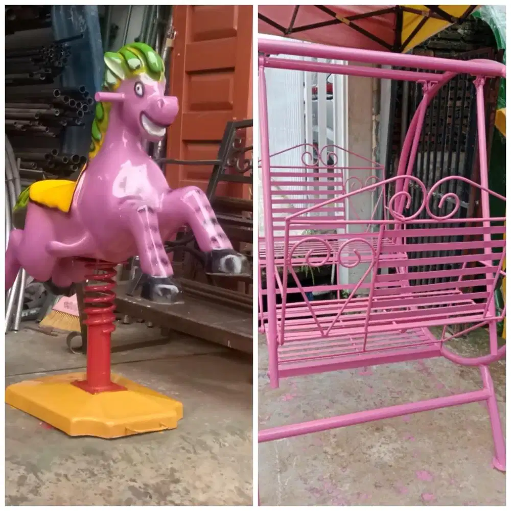 Perosotan, ayunan, jungkat jungkit, playground, bola dunia, kuda kuda