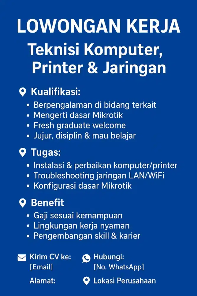 Lowongan kerja teknisi komputer printer dan jaringan