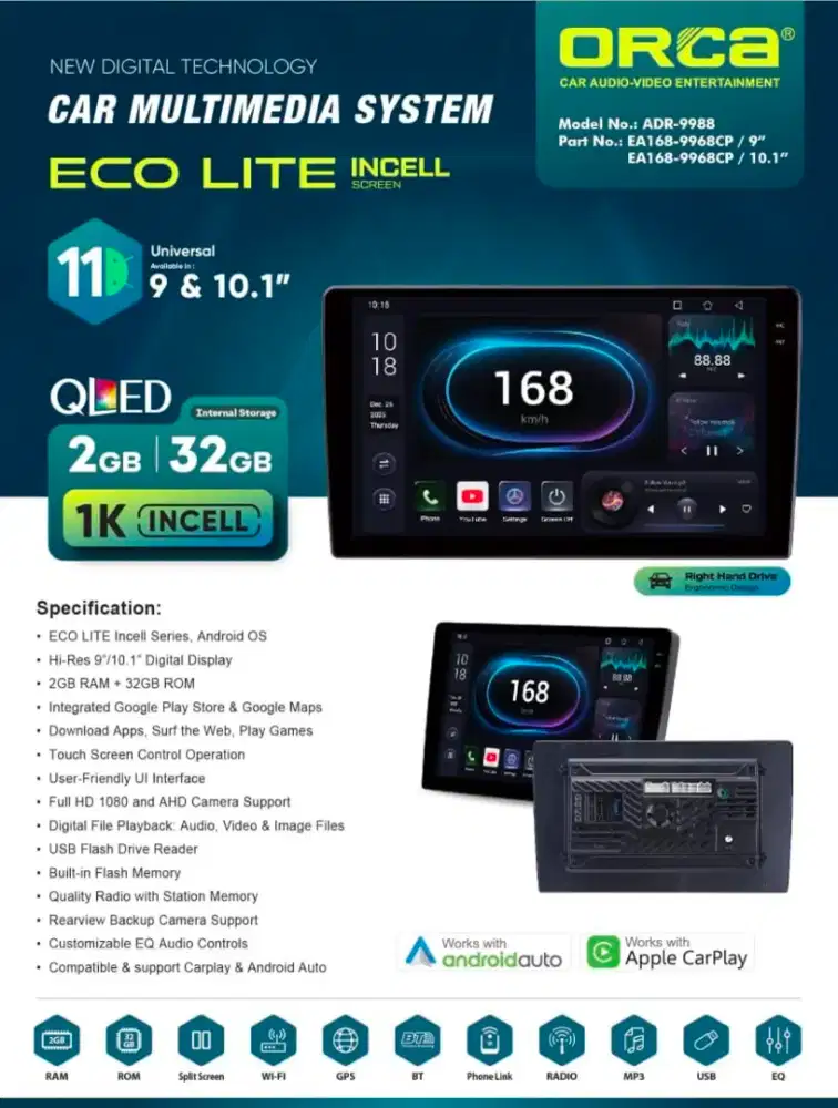 Android 9 Orca EcoLite NEW Incell 2/32GB Carplay