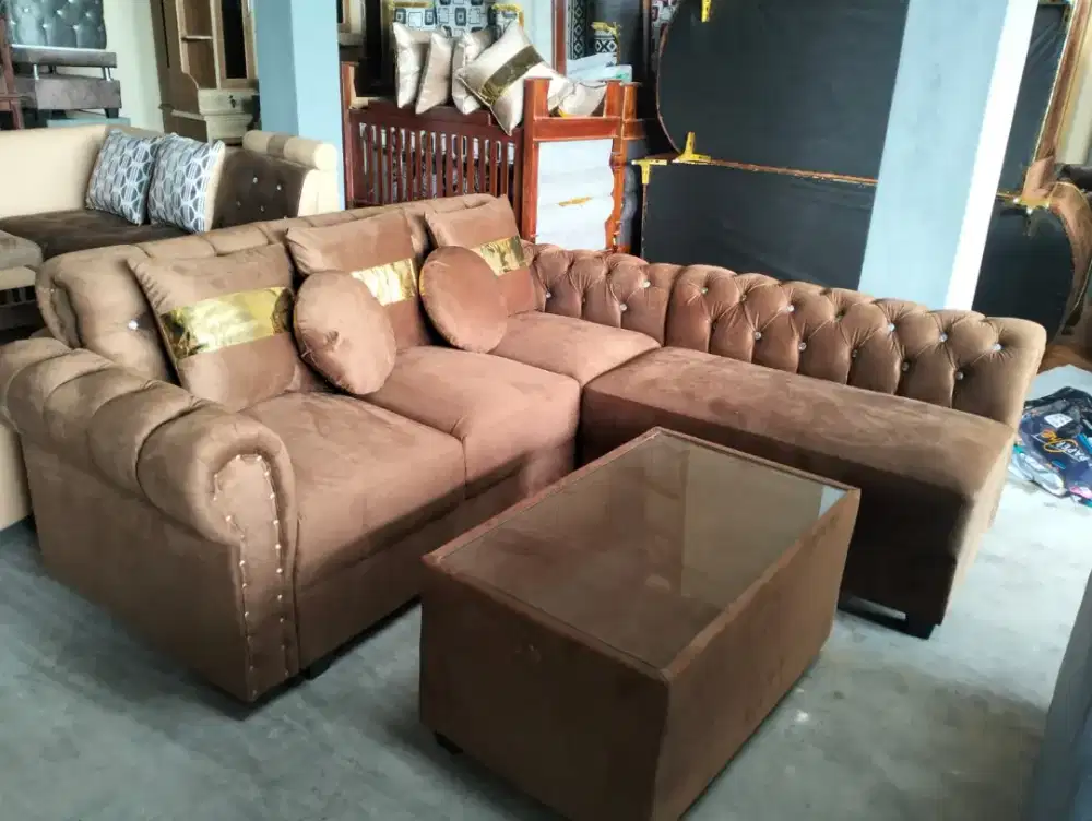 Sofa L putus cokelat