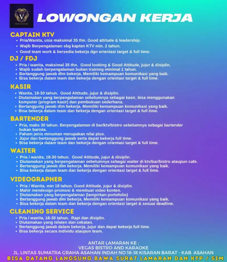 Dibutuhkan admin kantor, female dj, kasir, waiter, bartender, soundman