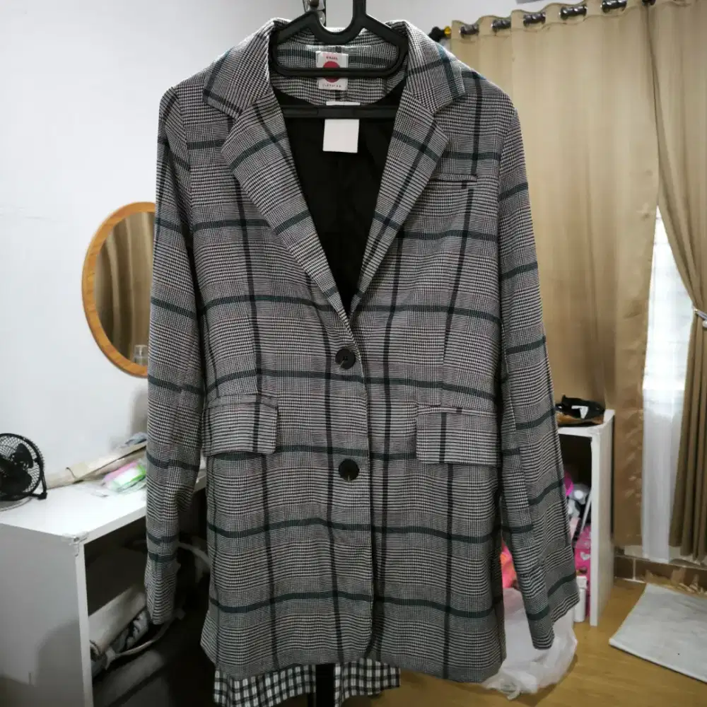 Blazer Coat Wanita Kotak Kotak Formal Original Yuan Clothing Second