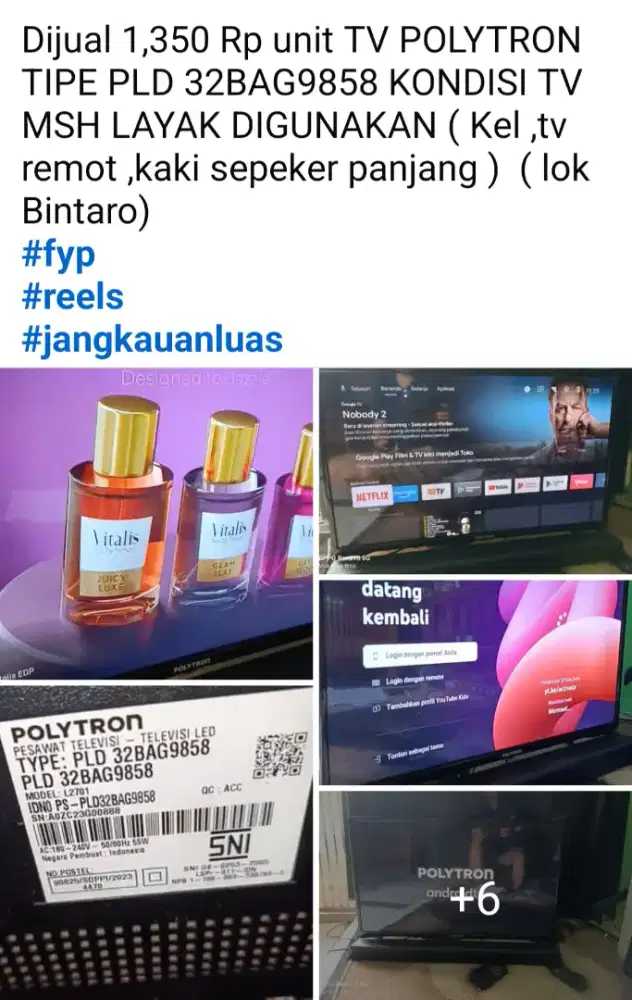Dijual 1,350 Rp unit TV POLYTRON TIPE PLD 32BAG9858 KONDISI TV MSH LAY