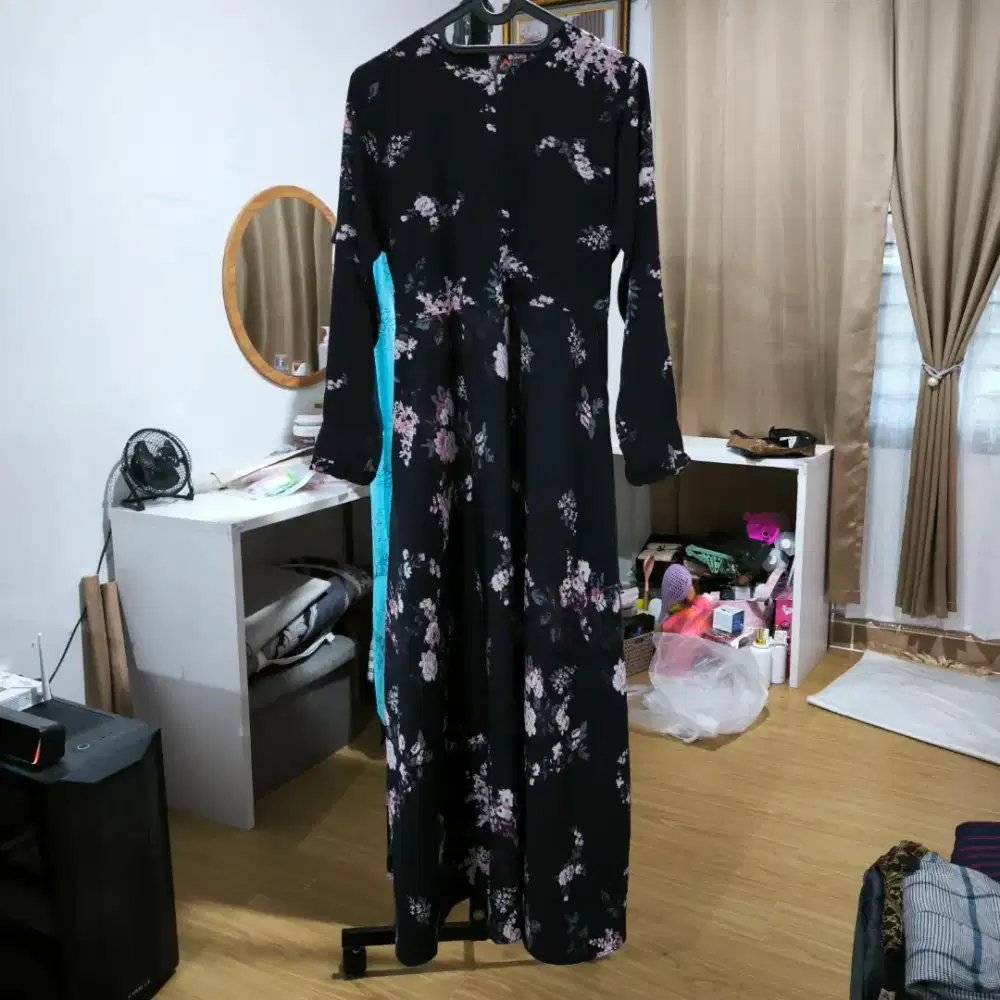 Gamis Wanita Muslimah Dress Panjang Syari Second Biru Dongker Bunga