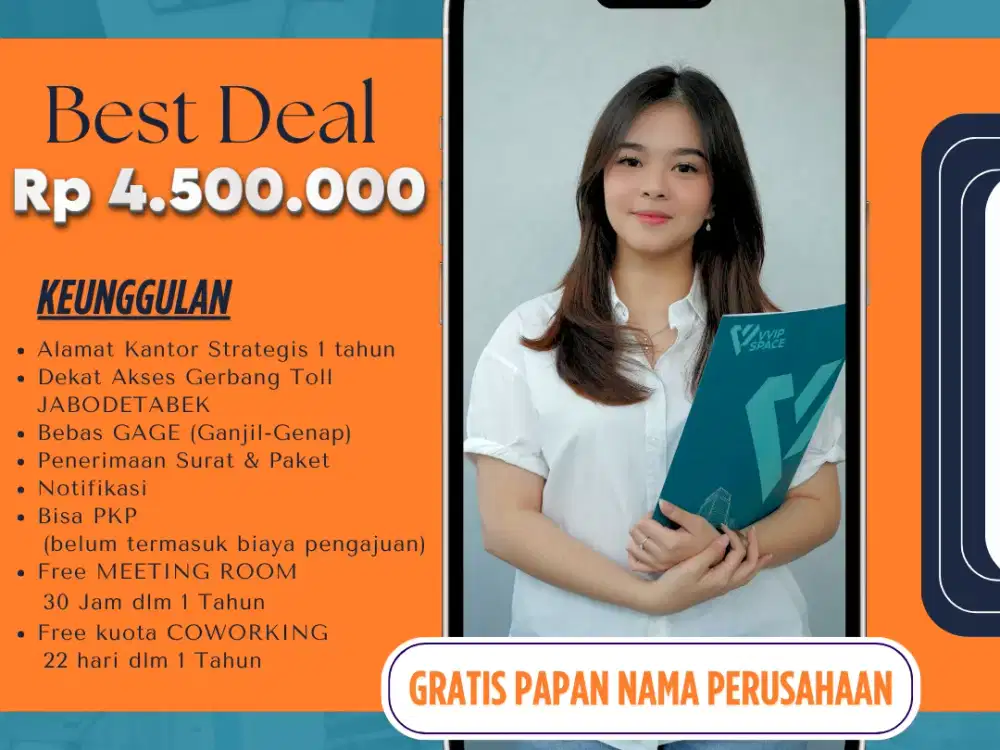 Fasilitas Baru! Virtual Office Rp4,5 Juta/Tahun + Gratis Papan Nama Perusahaan & Coworking