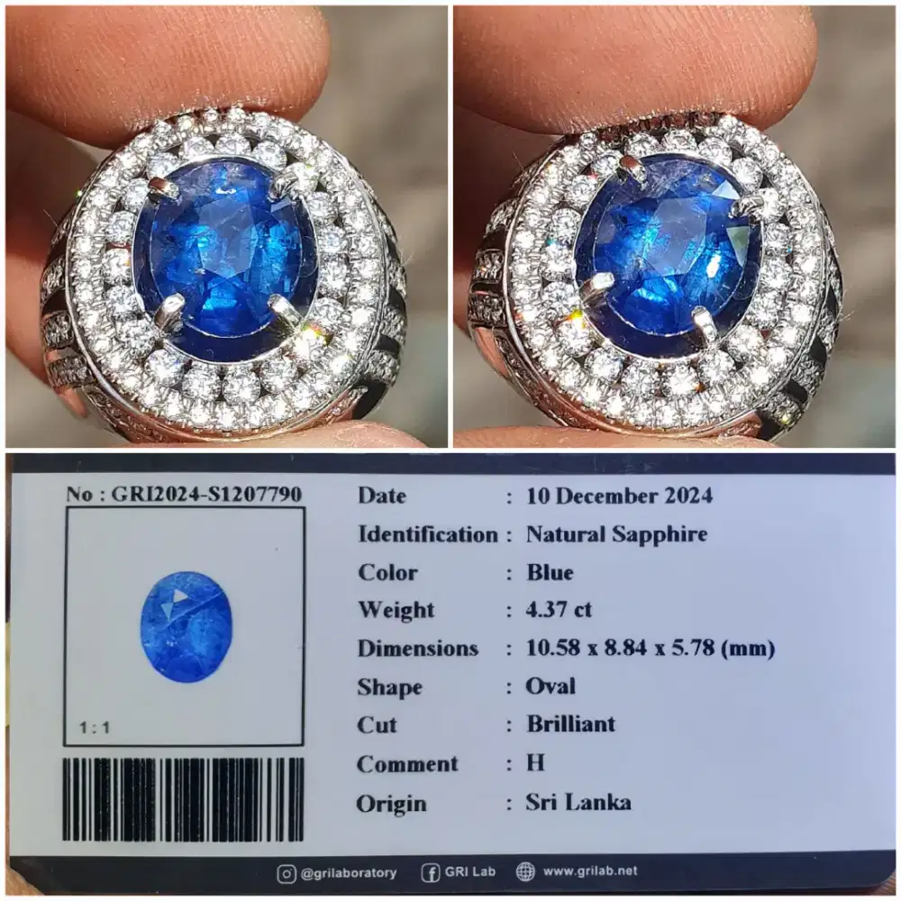 Natural Blue Sapphire 4.37ct Heated Srilanka GRI ring Perak Mikro