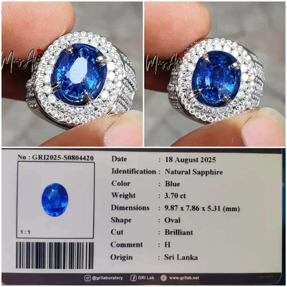 Natural Blue Sapphire 3.70ct Srilanka GRI ring perak mikro