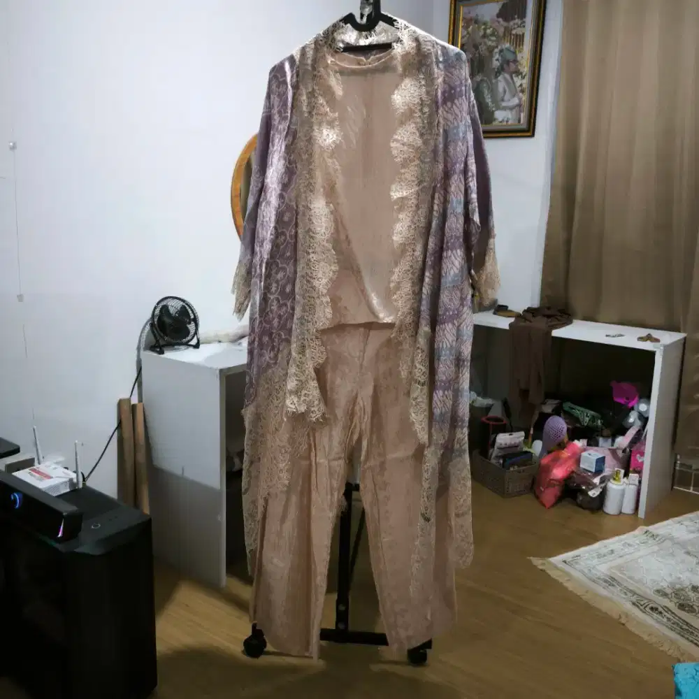 Set 3 in 1 Kebaya Ungu Lilac Cream Baju Pesta Wanita Celana Outer