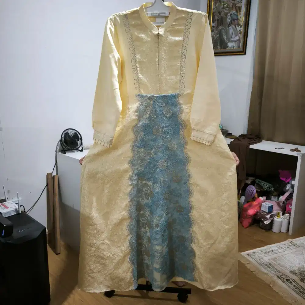 Gamis Kuning Pastel Biru Brukat Timbul Syari Wanita Muslimah L Baru