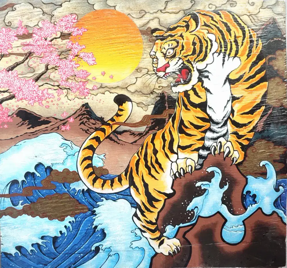 Lukisan Harimau Style Jepang diatas kayu