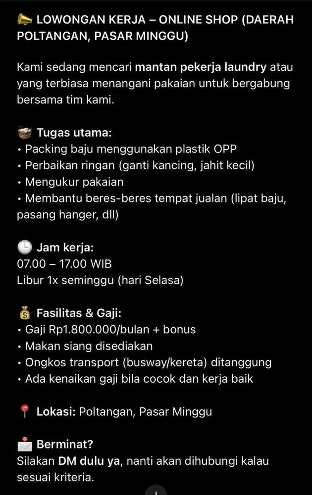 DICARI Mantan Pekerja Laundry khusus wanita untuk online shop