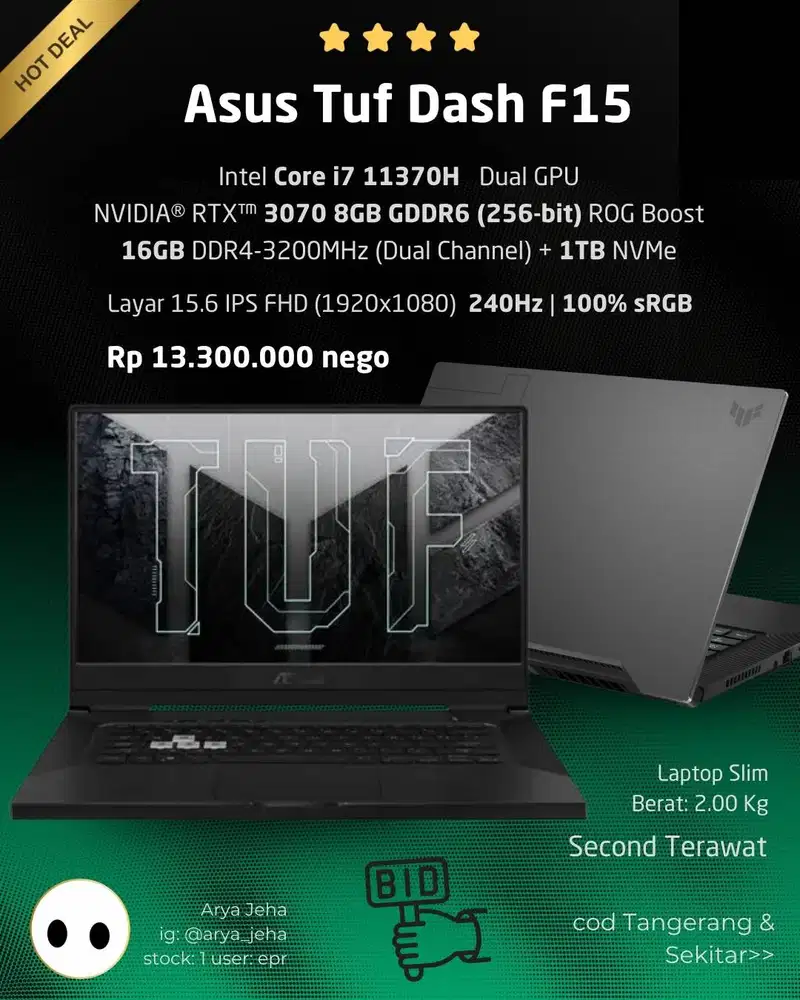 Asus Tuf Dash F15 RTX 3070 8GB GDDR6 (256-bit) 100% sRGB 240Hz 2ms