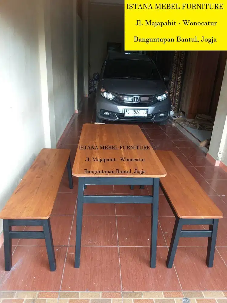 Paket Set Meja Makan 2 Kursi Panjang Warung Rumah Makan Cafe Kayu (gpg