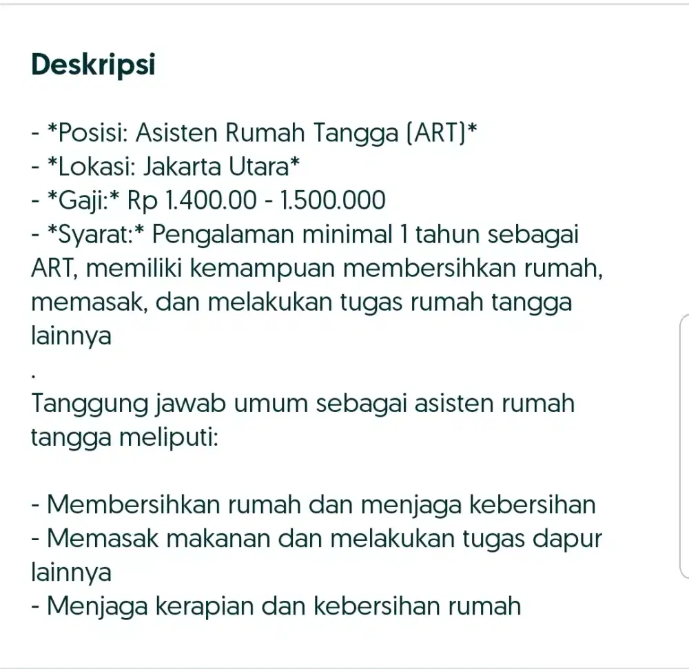 Lowongan ART di Jakarta Utara