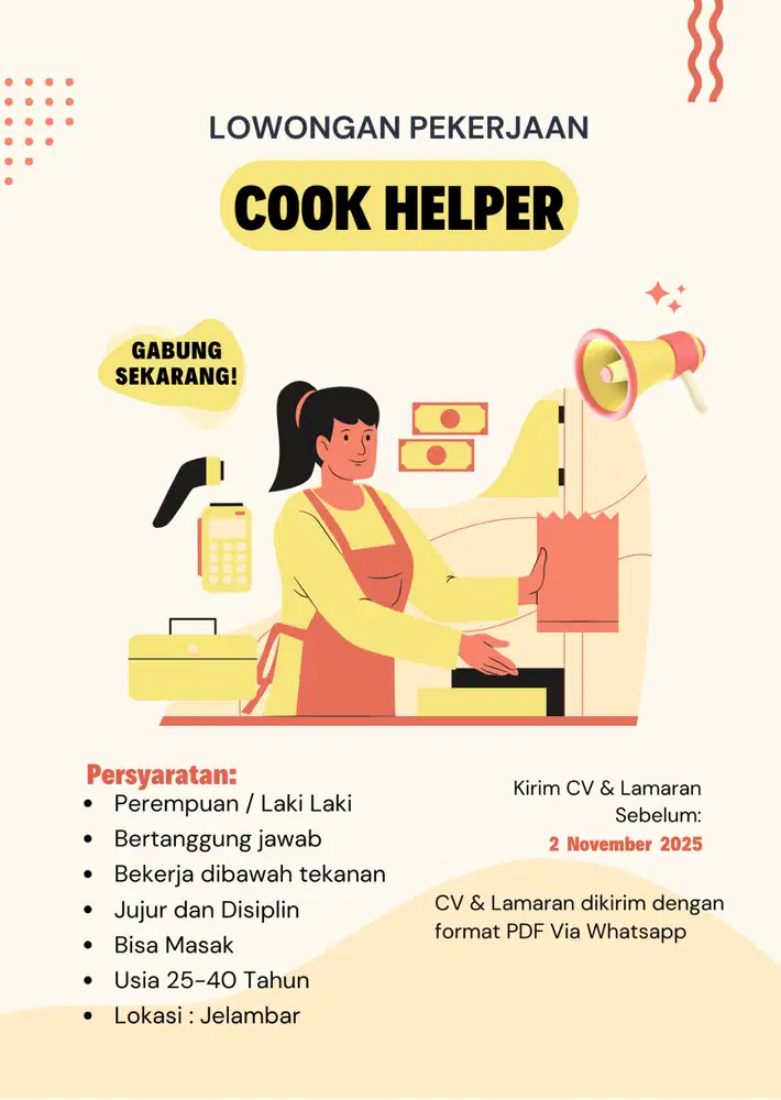 DIBUTUHKAN TUKANG HELPER & BISA MASAK