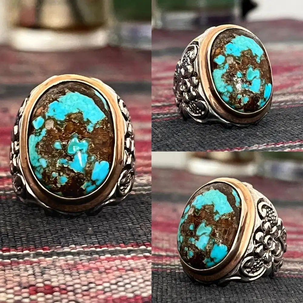 Cincin Natural Turquoise Phyrus Pirus Persia Ring Perak Mewah