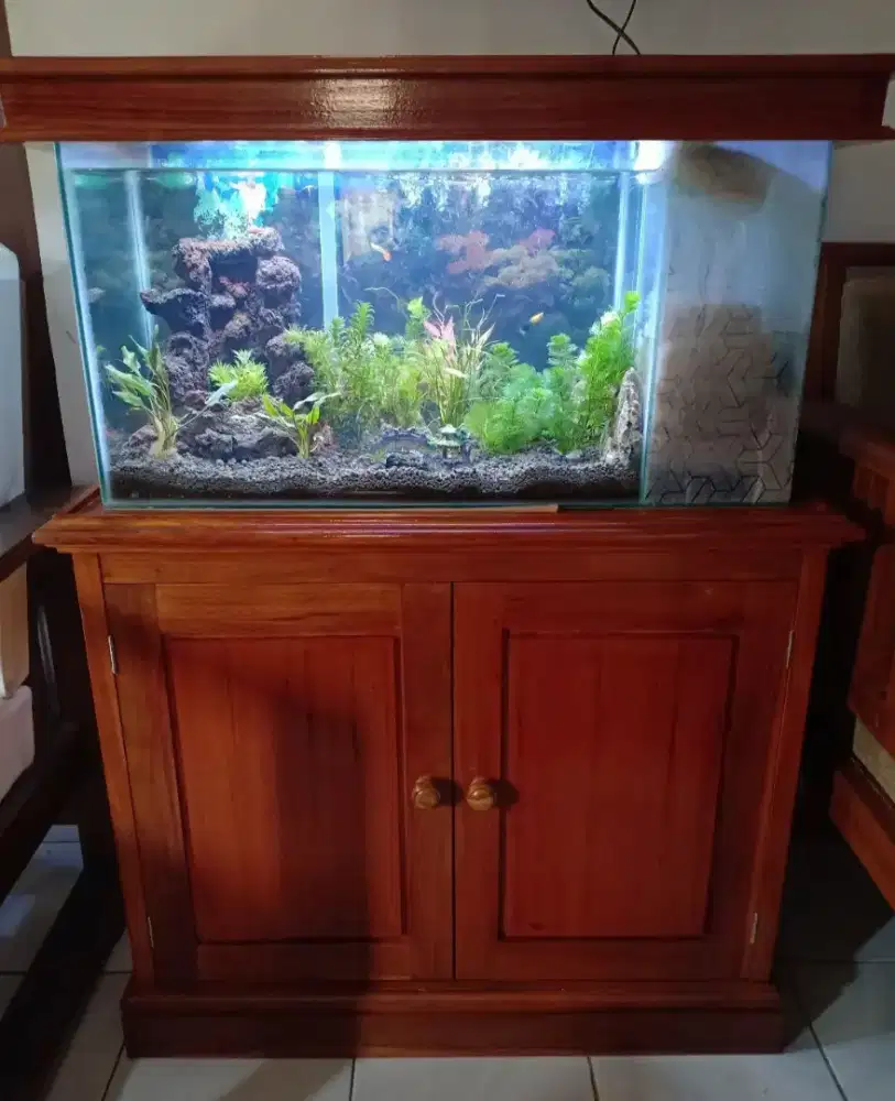 Aquarium kaca + lemari cabinet kayu jati