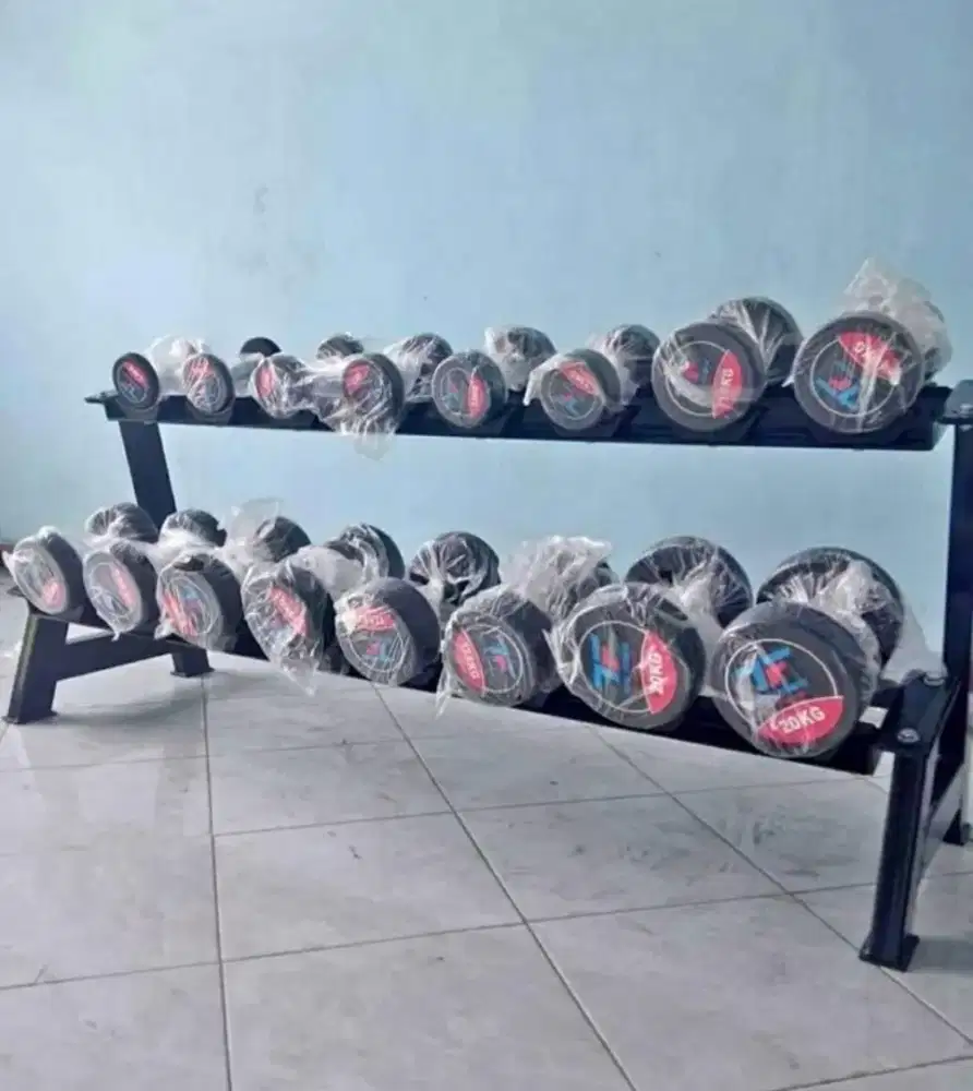 DUMBELL BARBELL SET LENGKAP 2,5 - 20 KG PLUS RACK ALAT FITNESS