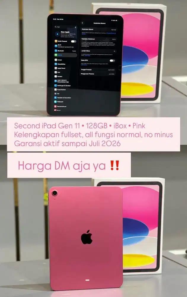 ipad gen 11 128gb wifi only pink New garansi 1thn