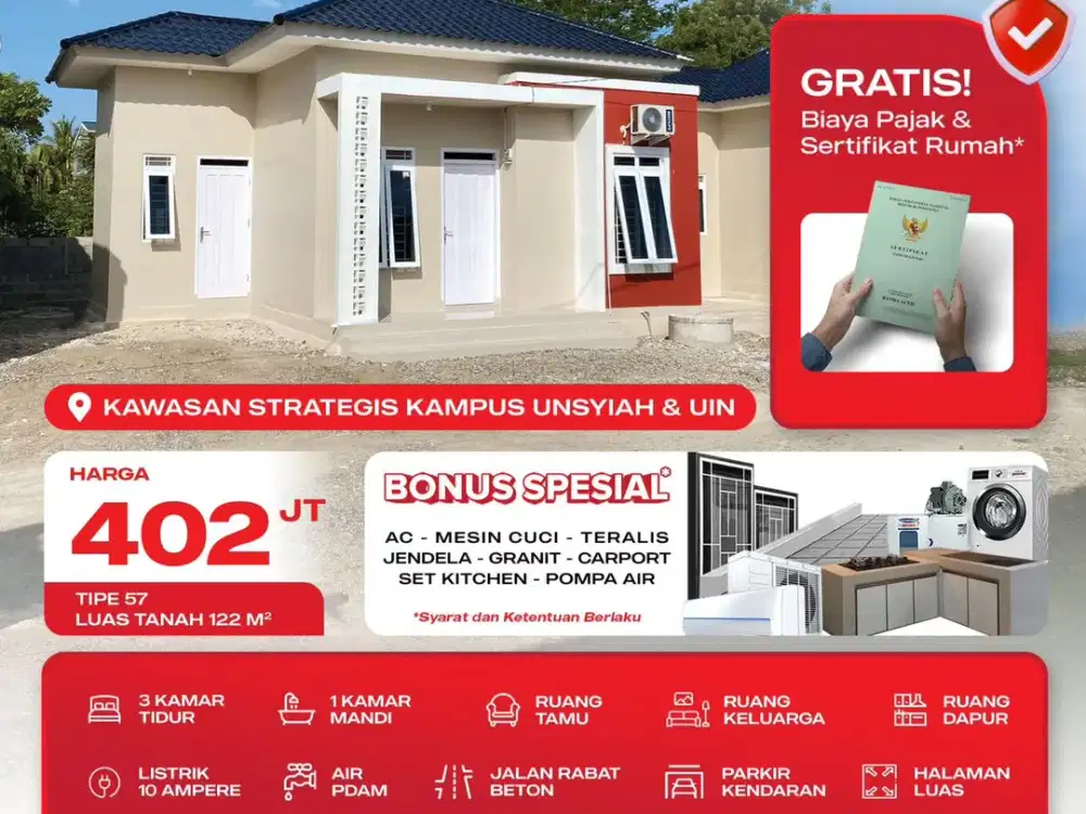 Rumah 3 Kamar Siap Huni-Strategis Dekat Kampus UIN & Unsyiah Cocok Untuk Investasi