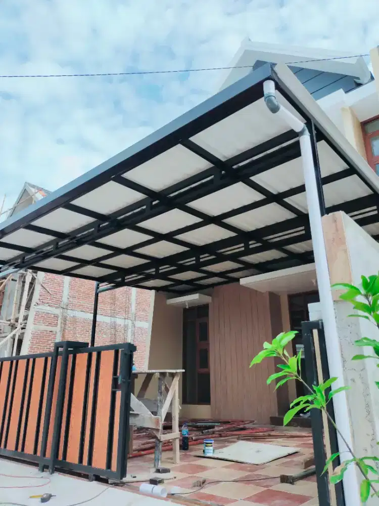 kanopi rangka besi hollow atap alderon dobel layer