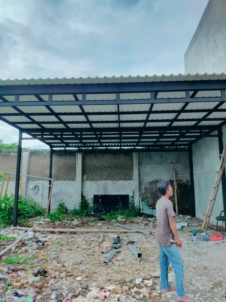 kanopi atap alderon dobel layer rangka besi hollow galvanis