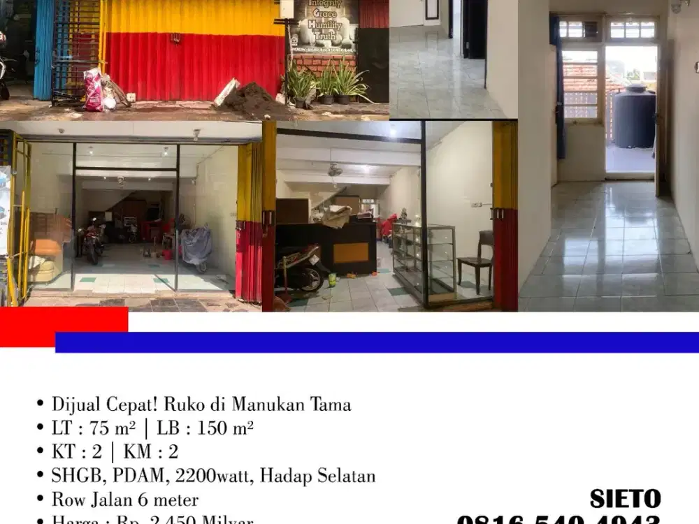 Dijual Cepat! Ruko di Manukan Tama