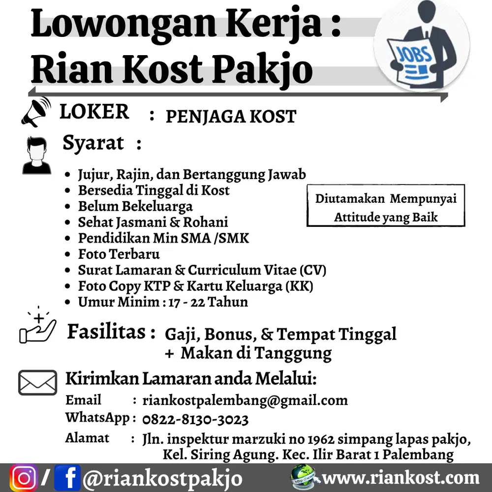 Loker Penjaga Kosan Rian Kost Pakjo (ADA TEMPAT TINGGAL + MAKAN)