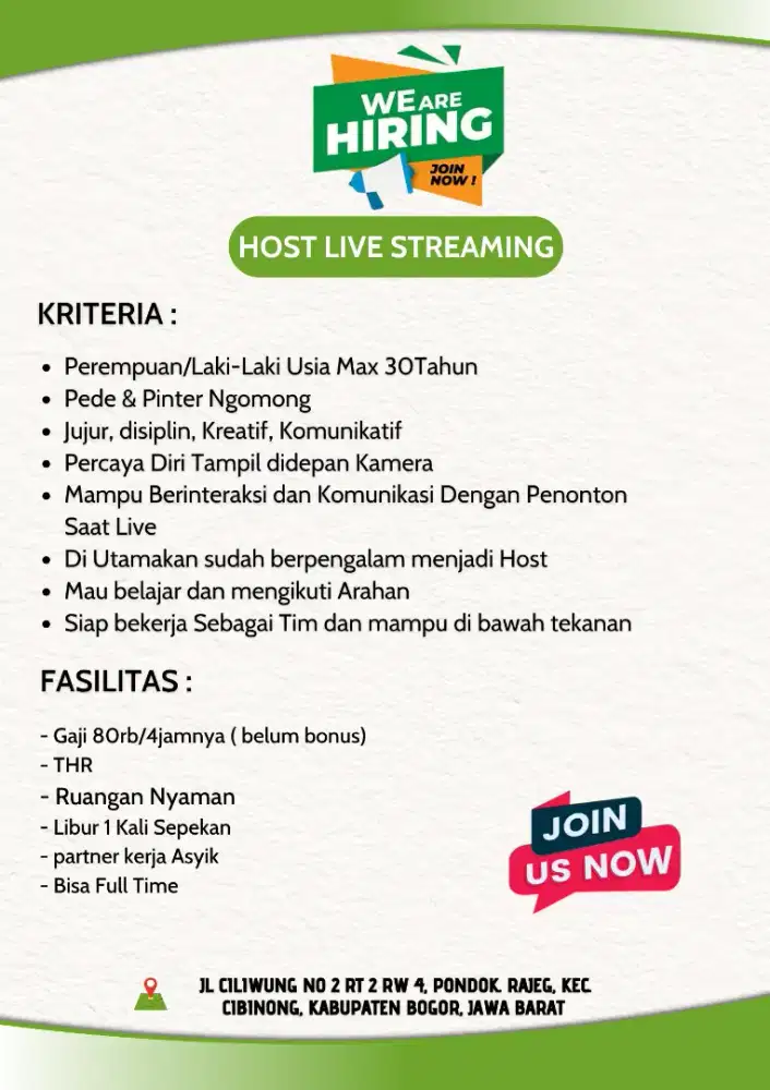 Di Butuhkan 3orang Host Live Streaming