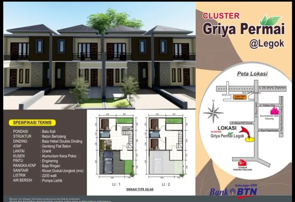 Rumah 1&2 lantai termurah KPR tanpa DP di griya permai dekat BSD