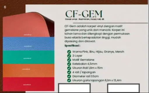 ARNI Vinyl Roll Sport Tebal 4,5mm CF-GEM Lapangan Olahraga Indoor