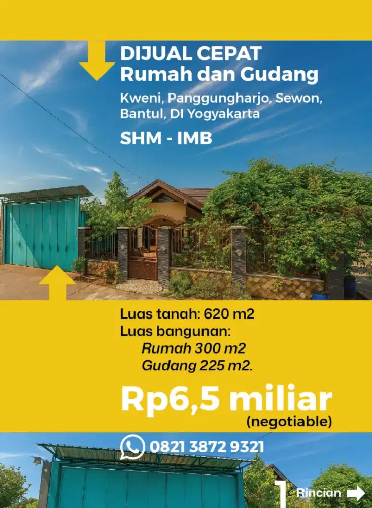 Dijual rumah + gudang di Bantul, Potensial untuk Investasi