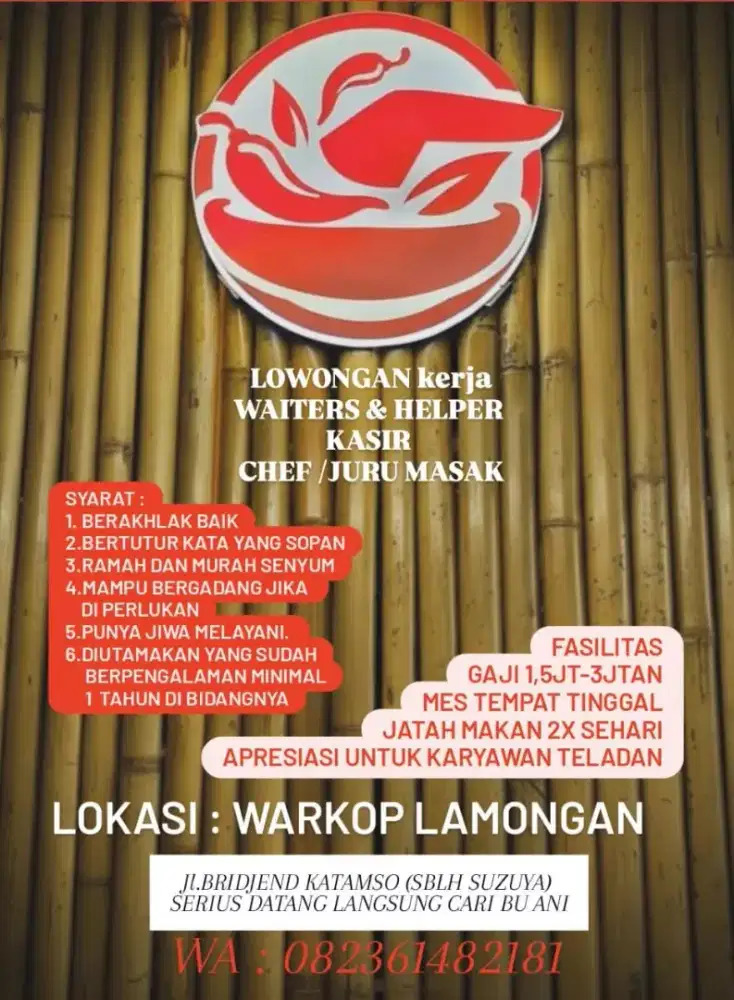 Di butuhkan waiters, Helper,kasir dan chef