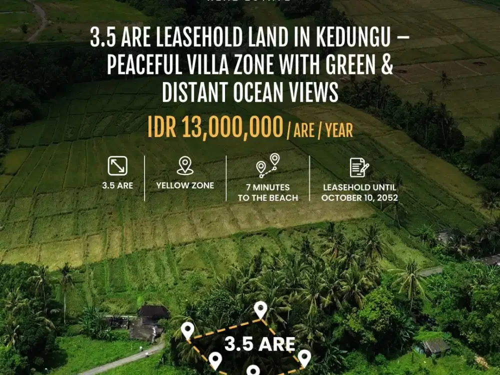Tanah Sewa di Kedungu – Total 9 Are (Bisa Dibagi 2.5–3.5 Are) | Zona Kuning | Dekat Pantai Kedungu