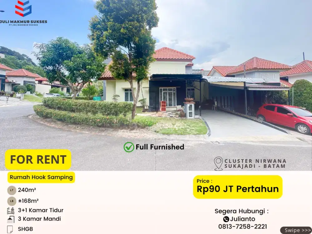 Disewa Rumah Hook Samping Full Furnished di Cluster Nirwana Sukajadi