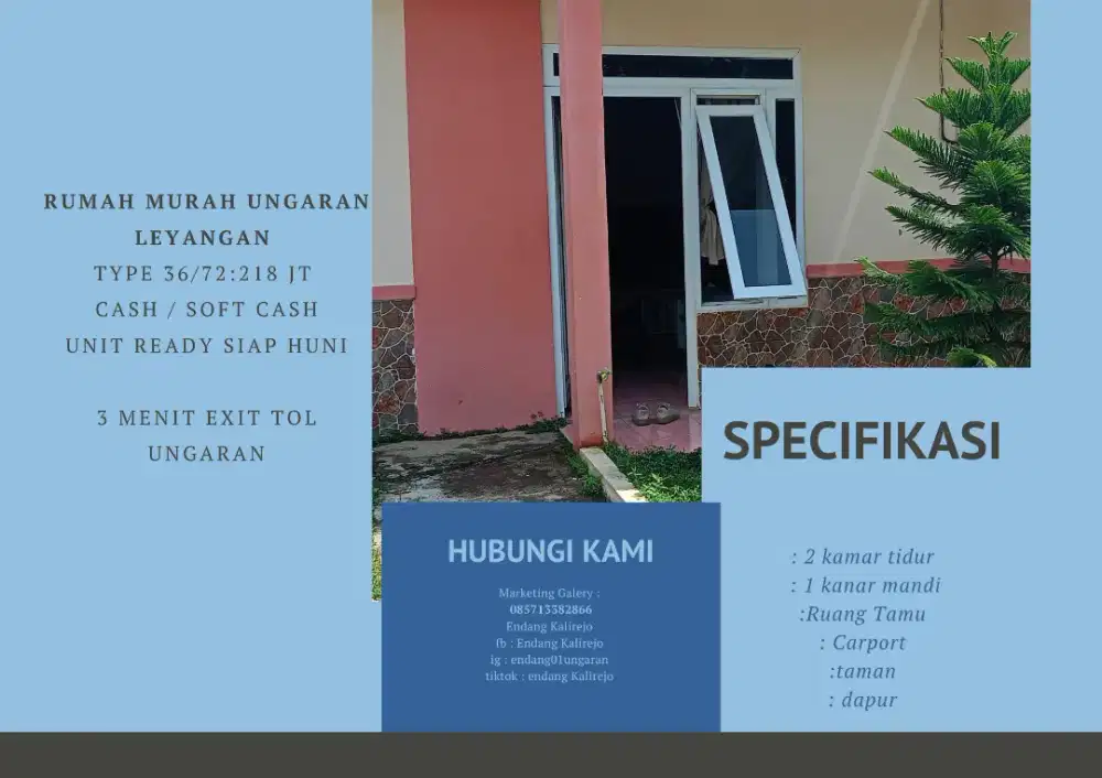 Rumah Murah Ungaran Leyangan 218 JT type 36/72 Unit Ready Siap Huni