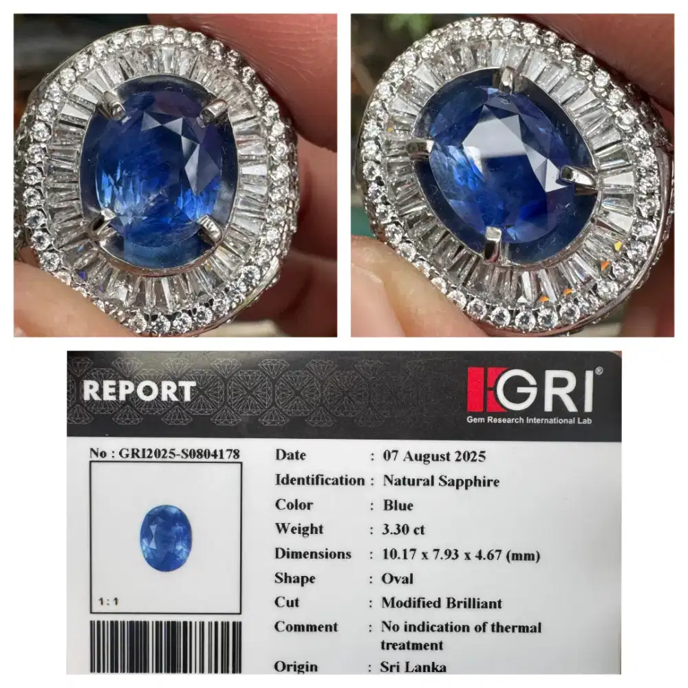 Natural blue sapphire safir srilanka no heat 3.30 ct no heat memo GRI
