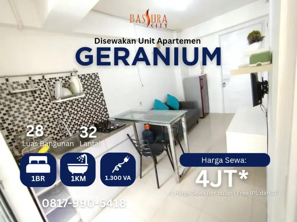 Sewa 1BR Furnished apartemen Bassura City tower Geranium call Maula