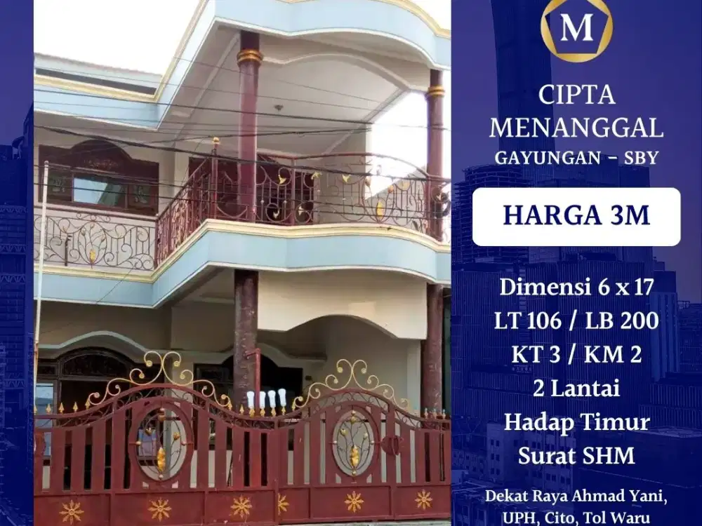 JUAL RUMAH CIPTA MENANGGAL SURABAYA GAYUNGAN SHM DKT AYANI