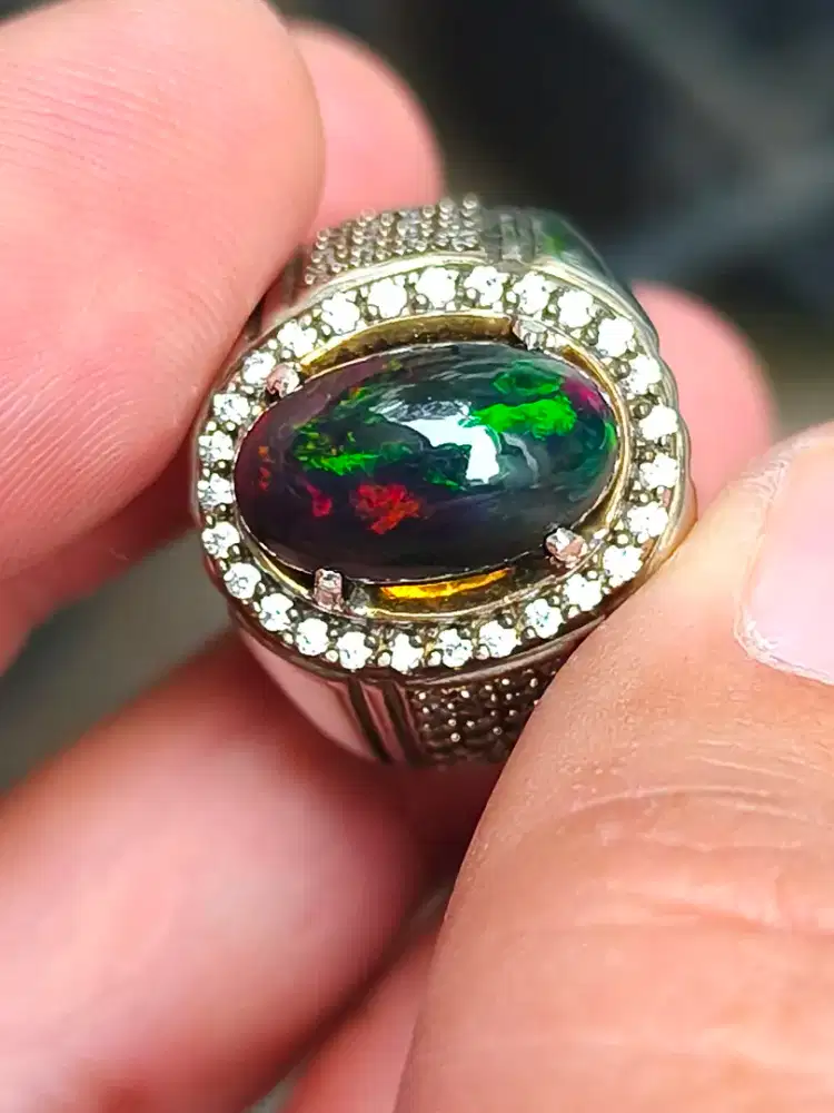 Batu kalimaya black Opal Ethiopia 2.95 crat ring perak memo MGL jarong