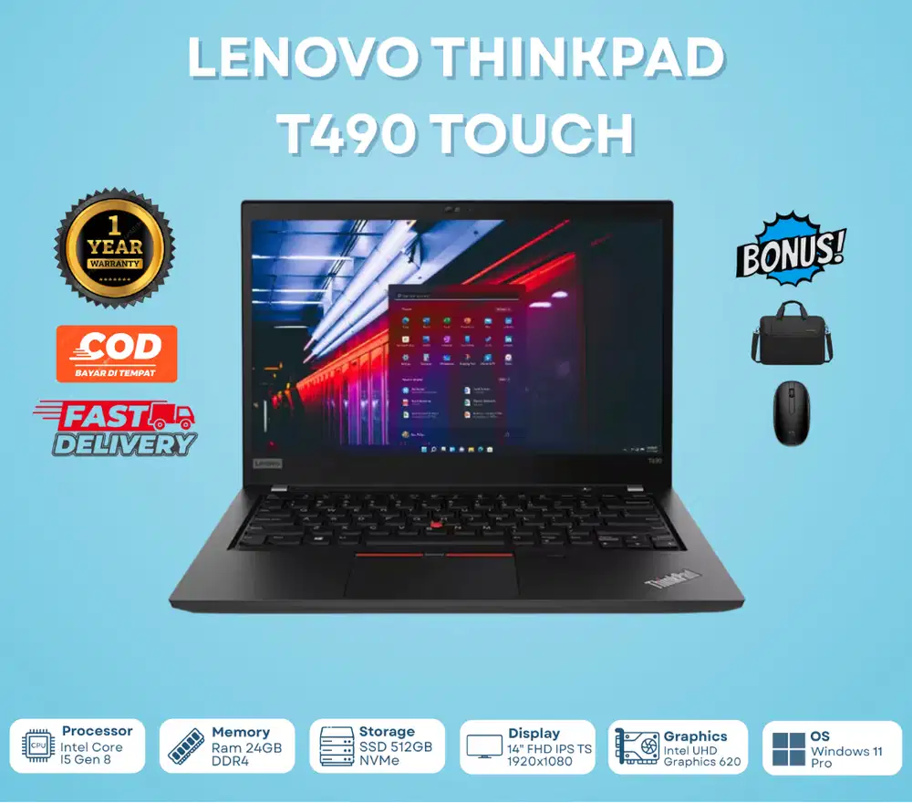 Lenovo Thinkpad T490 i5-8th 16/256 TOUCHSREEN MURAH BERGARANSI 1 TAHUN