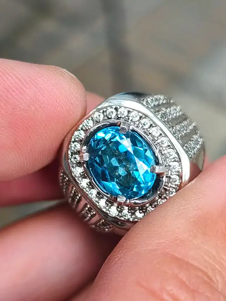 Batu blue topaz London 3.75 crat ring perak memo MRI