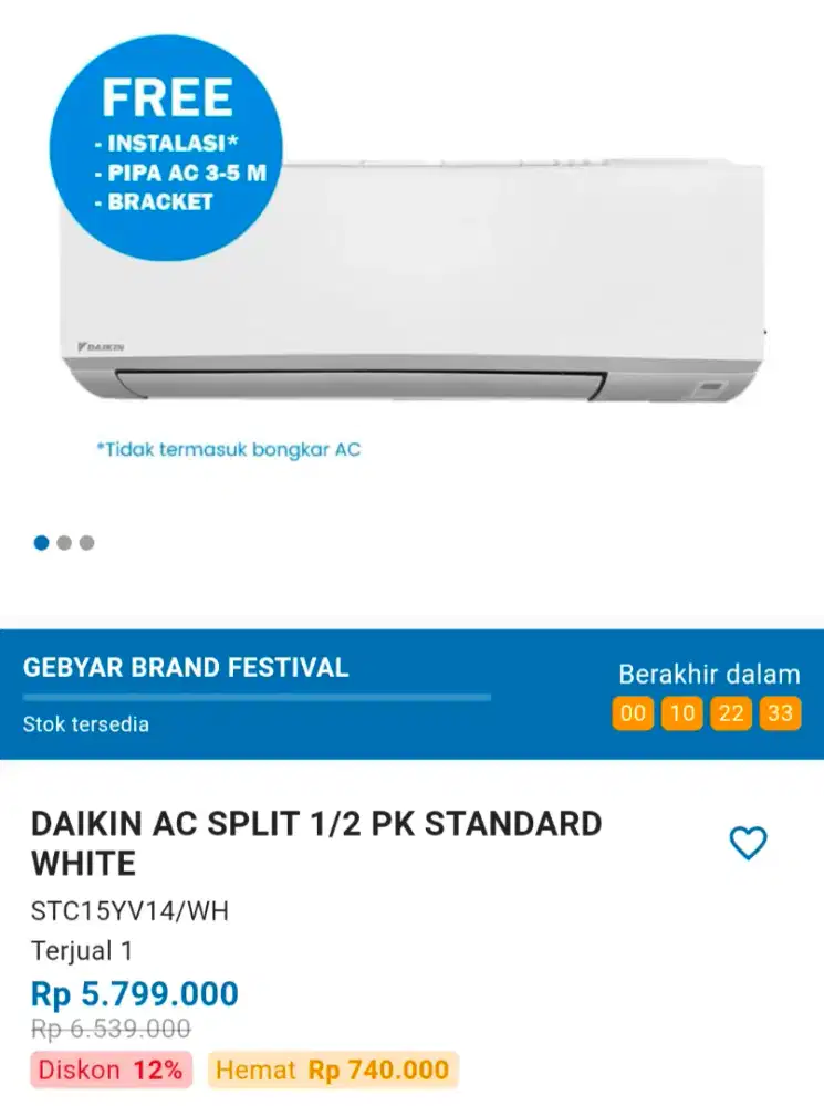 (New) Ac Daikin 1/2pk Standar (Cicilan Tanpa Dp)