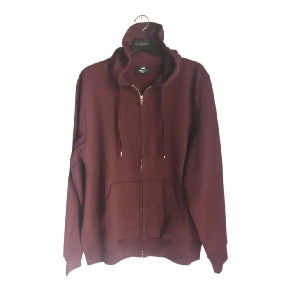 H&M Hoodie Pria Original Reguler Fit Zip Through Maroon NWOT